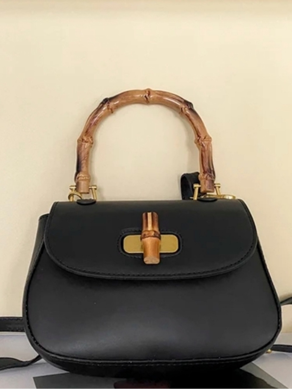 Classic Black Crossbody Bag with Bamboo Handle